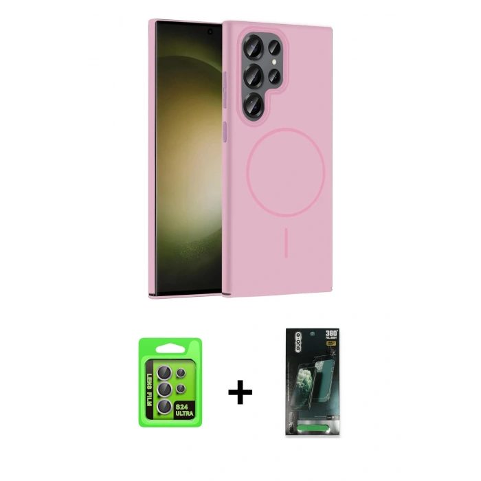 MARSİLYAN™- Galaxy S24 Ultra Kılıf Siluet Doku Özel Seri - Siyah 360 Mat Full Body Arka Koruyucu + Raze Metal Kamera Lens - MR