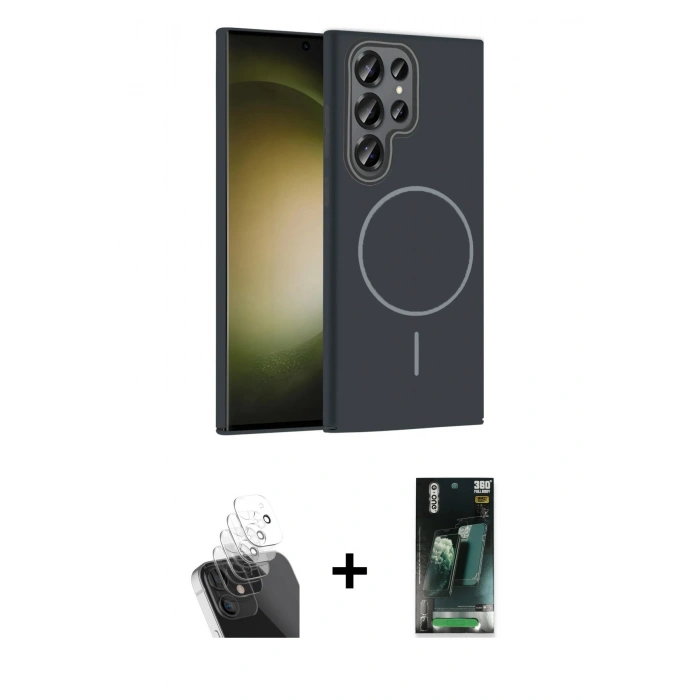 MARSİLYAN™- Galaxy S24 Ultra Kılıf Siluet Doku Özel Seri - Siyah 360 Mat Full Body Arka Koruyucu + Kamera Lens Koruma Cam - SF