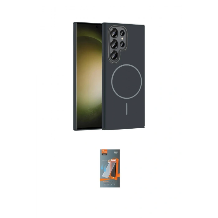 MARSİLYAN™- Galaxy S24 Ultra Kılıf Siluet Doku Özel Seri - Siyah AutoKit 5in1 Fiber Hayalet Polymer Nano Ekran Koruyucu