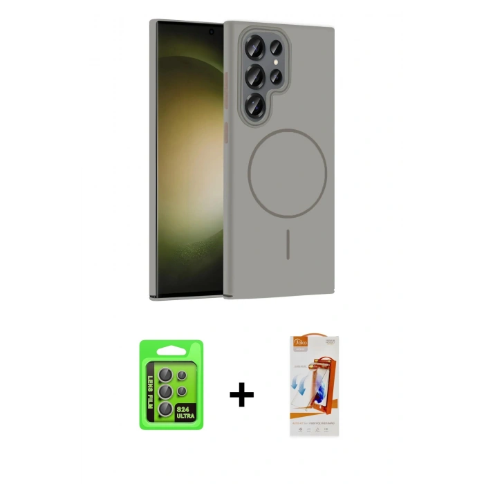 MARSİLYAN™- Galaxy S24 Ultra Kılıf Siluet Doku Özel Seri - Siyah AutoKit 5in1 Fiber Polymer Nano Ekran Koruyucu + Raze Metal Kamera Lens - GI