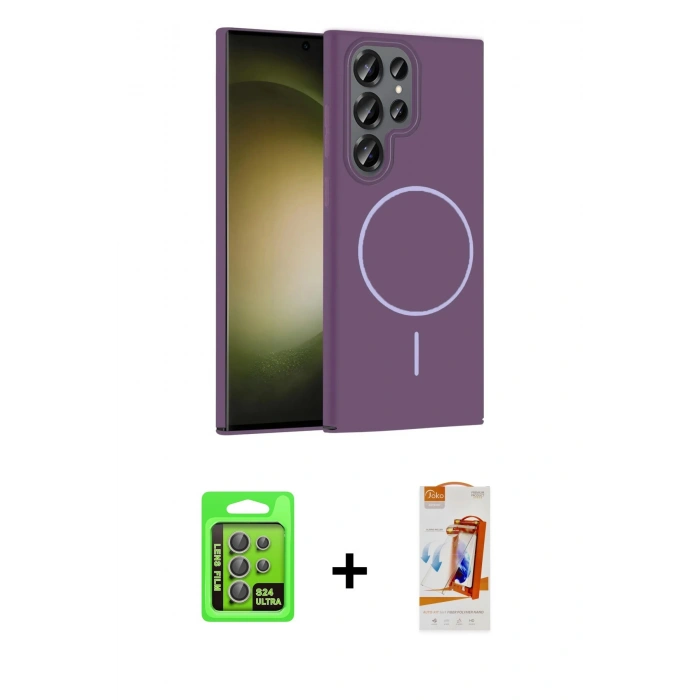 MARSİLYAN™- Galaxy S24 Ultra Kılıf Siluet Doku Özel Seri - Siyah AutoKit 5in1 Fiber Polymer Nano Ekran Koruyucu + Raze Metal Kamera Lens - GI