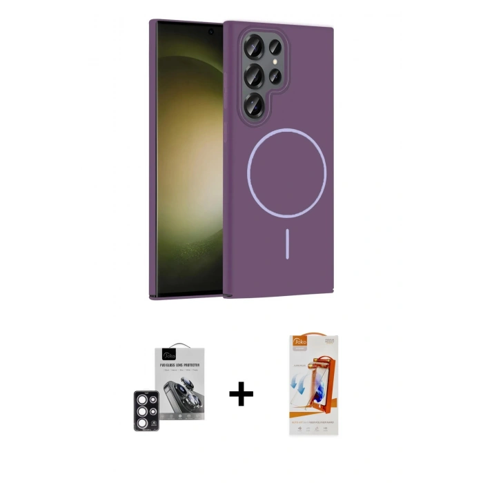 MARSİLYAN™- Galaxy S24 Ultra Kılıf Siluet Doku Özel Seri - Siyah AutoKit 5in1 Fiber Polymer Nano Ekran Koruyucu + PVD Metal Kamera Lens - PE