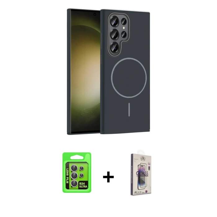 MARSİLYAN™- Galaxy S24 Ultra Kılıf Siluet Doku Özel Seri - Siyah Bilvis 3D Cam Ekran Koruyucu + Raze Metal Kamera Lens - MR