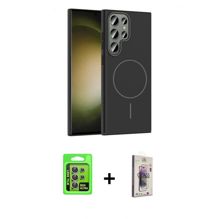 MARSİLYAN™- Galaxy S24 Ultra Kılıf Siluet Doku Özel Seri - Siyah Bilvis 3D Cam Ekran Koruyucu + Raze Metal Kamera Lens - MR