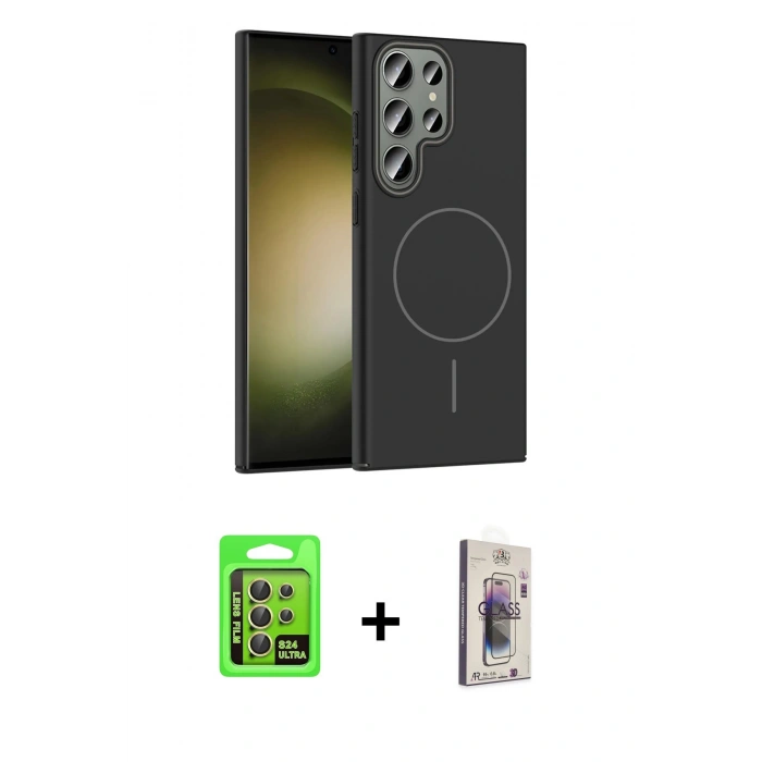 MARSİLYAN™- Galaxy S24 Ultra Kılıf Siluet Doku Özel Seri - Siyah Bilvis 3D Cam Ekran Koruyucu + Raze Metal Kamera Lens - SI
