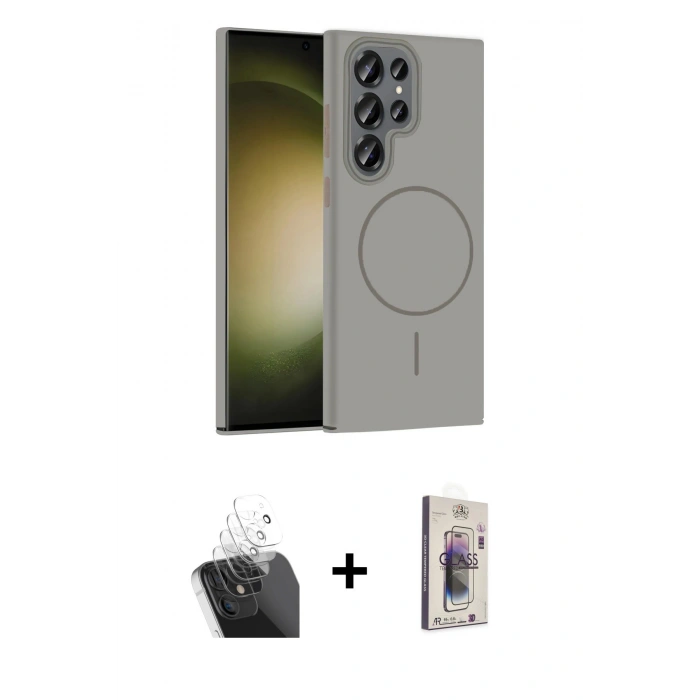 MARSİLYAN™- Galaxy S24 Ultra Kılıf Siluet Doku Özel Seri - Siyah Bilvis 3D Cam Ekran Koruyucu + Kamera Lens Koruma Cam - SF