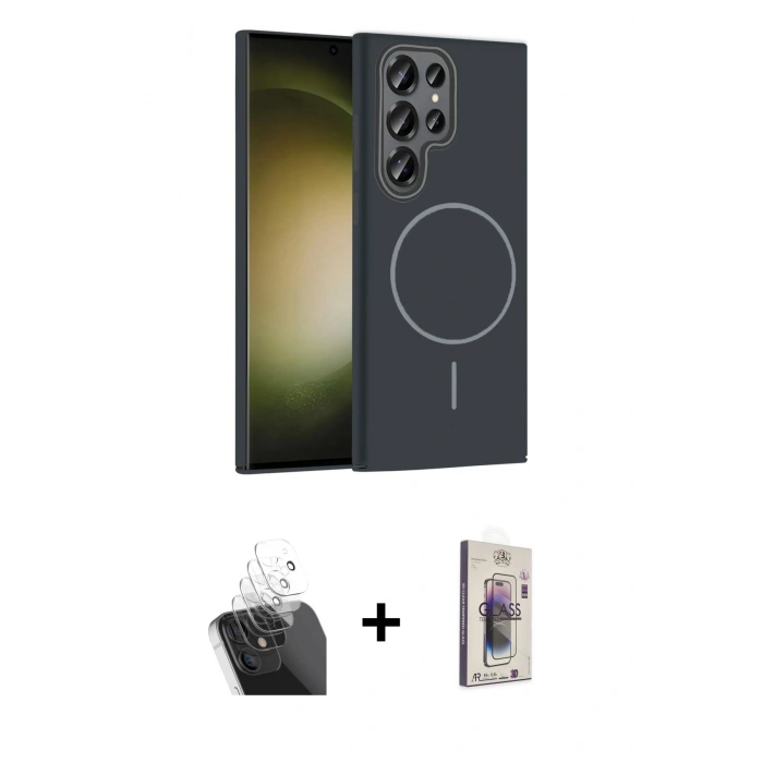 MARSİLYAN™- Galaxy S24 Ultra Kılıf Siluet Doku Özel Seri - Siyah Bilvis 3D Cam Ekran Koruyucu + Kamera Lens Koruma Cam - SF