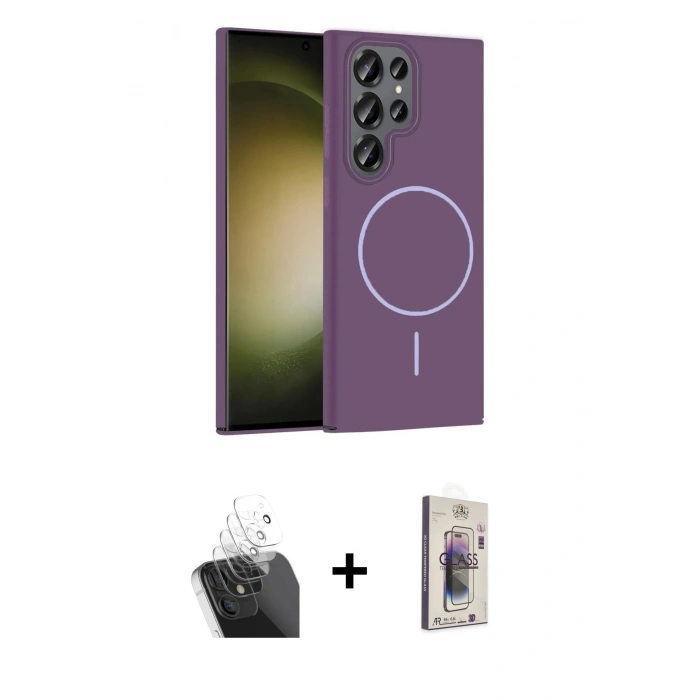 MARSİLYAN™- Galaxy S24 Ultra Kılıf Siluet Doku Özel Seri - Siyah Bilvis 3D Cam Ekran Koruyucu + Kamera Lens Koruma Cam - SF