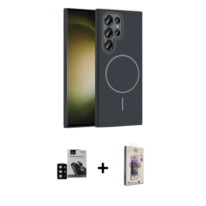 MARSİLYAN™- Galaxy S24 Ultra Kılıf Siluet Doku Özel Seri - Siyah Bilvis 3D Cam Ekran Koruyucu + PVD Metal Kamera Lens - SH