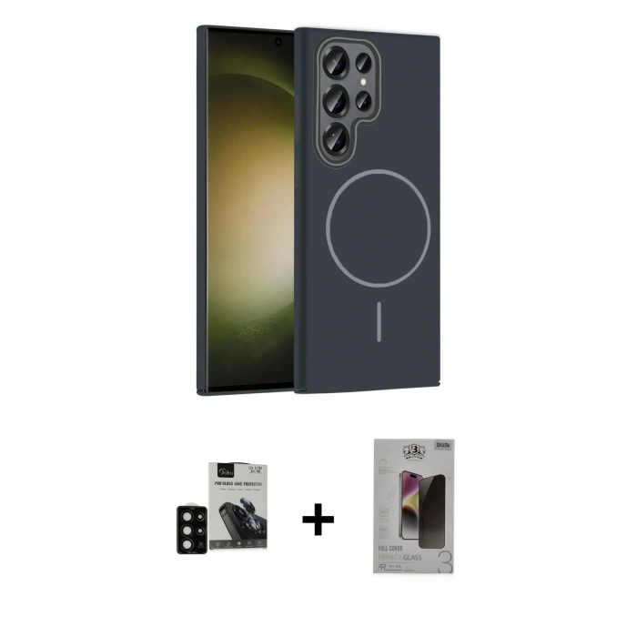 MARSİLYAN™- Galaxy S24 Ultra Kılıf Siluet Doku Özel Seri - Siyah Bilvis Hayalet Cam Ekran Koruyucu + PVD Metal Kamera Lens - SH