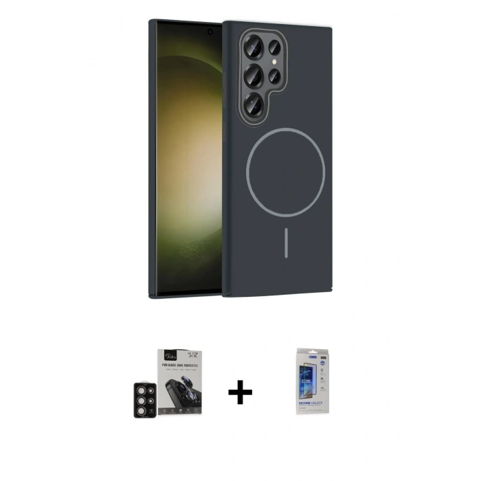 MARSİLYAN™- Galaxy S24 Ultra Kılıf Siluet Doku Özel Seri - Siyah Durable Full Glue Curved Hayalet Cam + PVD Metal Kamera Lens - DNMR