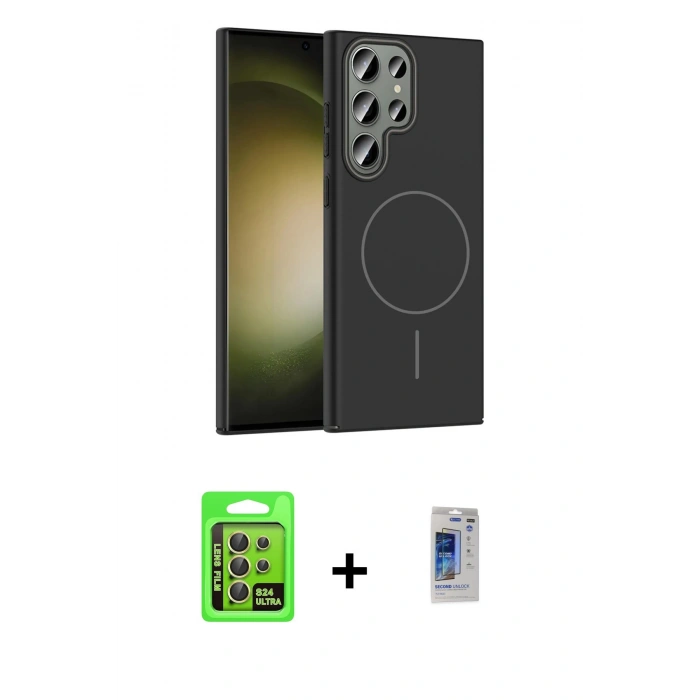 MARSİLYAN™- Galaxy S24 Ultra Kılıf Siluet Doku Özel Seri - Siyah Durable Full Glue Curved Hayalet Cam + Raze Metal Kamera Lens - SI