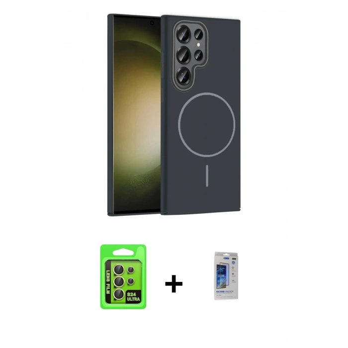 MARSİLYAN™- Galaxy S24 Ultra Kılıf Siluet Doku Özel Seri - Siyah Durable Full Glue Curved Hayalet Cam + Raze Metal Kamera Lens - SI
