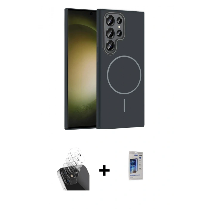 MARSİLYAN™- Galaxy S24 Ultra Kılıf Siluet Doku Özel Seri - Siyah Durable Full Glue Curved Hayalet Cam + Şeffaf Kamera Lens Koruma Cam
