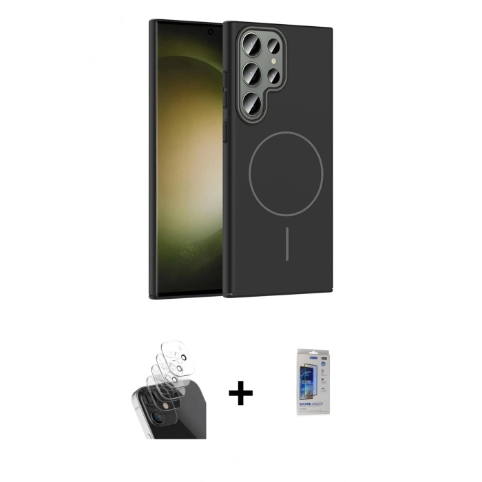 MARSİLYAN™- Galaxy S24 Ultra Kılıf Siluet Doku Özel Seri - Siyah Durable Full Glue Curved Hayalet Cam + Şeffaf Kamera Lens Koruma Cam