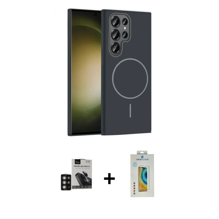 MARSİLYAN™- Galaxy S24 Ultra Kılıf Siluet Doku Özel Seri - Siyah Polymer Nano Ekran Koruyucu + PVD Metal Kamera Lens - DNMR