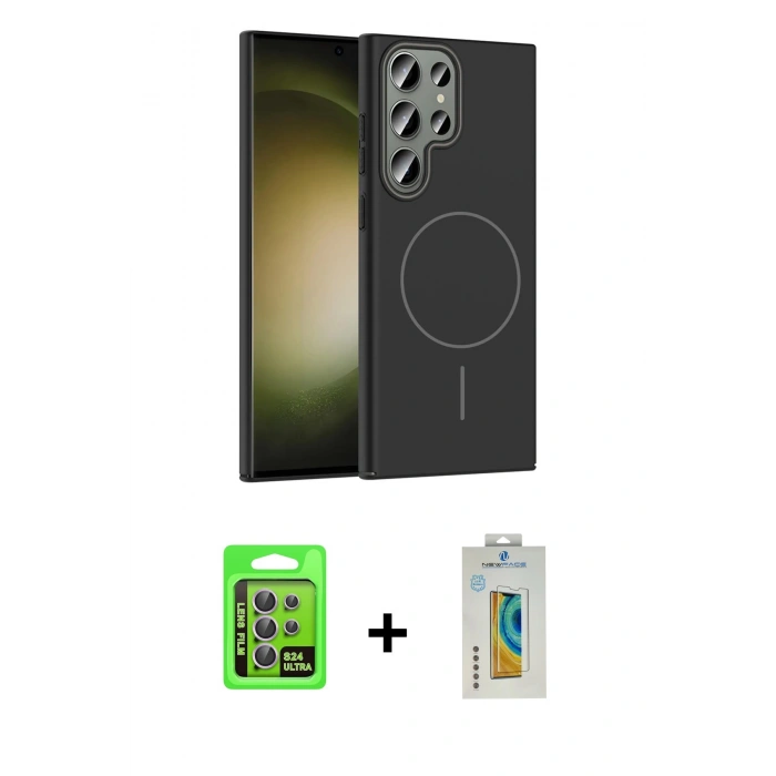 MARSİLYAN™- Galaxy S24 Ultra Kılıf Siluet Doku Özel Seri - Siyah Polymer Nano Ekran Koruyucu + Raze Metal Kamera Lens - MR