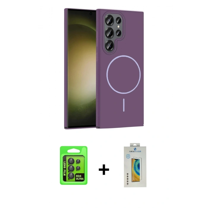MARSİLYAN™- Galaxy S24 Ultra Kılıf Siluet Doku Özel Seri - Siyah Polymer Nano Ekran Koruyucu + Raze Metal Kamera Lens - SH