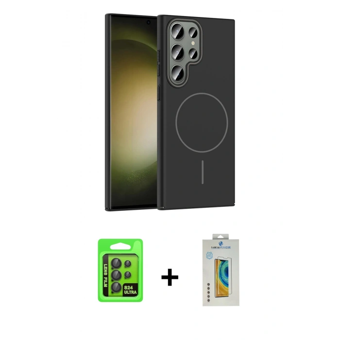 MARSİLYAN™- Galaxy S24 Ultra Kılıf Siluet Doku Özel Seri - Siyah Polymer Nano Ekran Koruyucu + Raze Metal Kamera Lens - SH