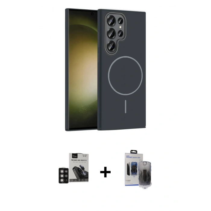 MARSİLYAN™- Galaxy S24 Ultra Kılıf Siluet Doku Özel Seri - Siyah Vanessa Magic Hayalet Cam + PVD Metal Kamera Lens - DNMR