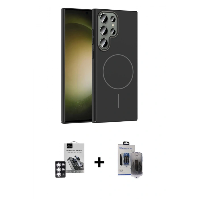 MARSİLYAN™- Galaxy S24 Ultra Kılıf Siluet Doku Özel Seri - Siyah Vanessa Magic Hayalet Cam + PVD Metal Kamera Lens - PE