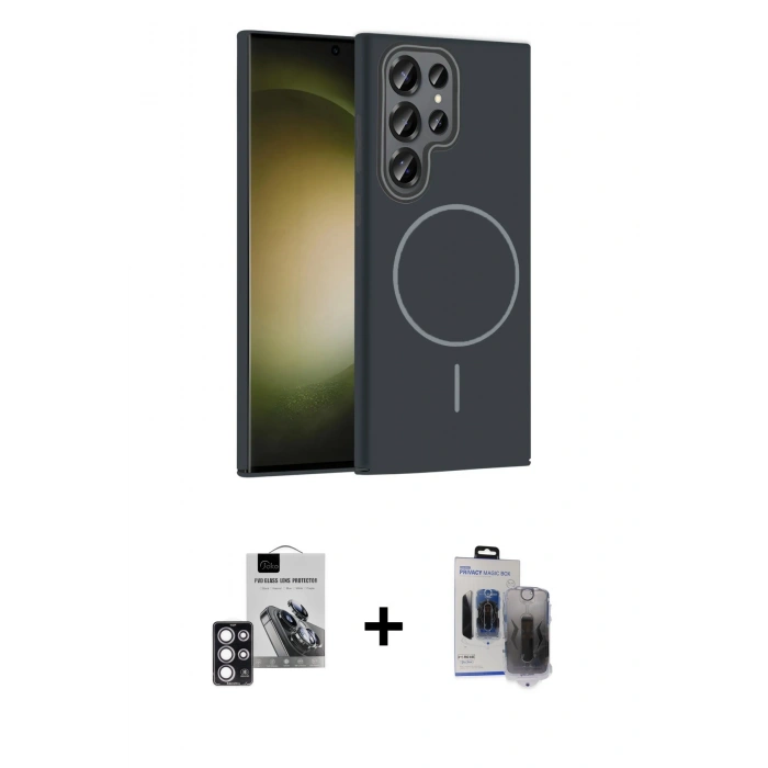 MARSİLYAN™- Galaxy S24 Ultra Kılıf Siluet Doku Özel Seri - Siyah Vanessa Magic Hayalet Cam + PVD Metal Kamera Lens - PE