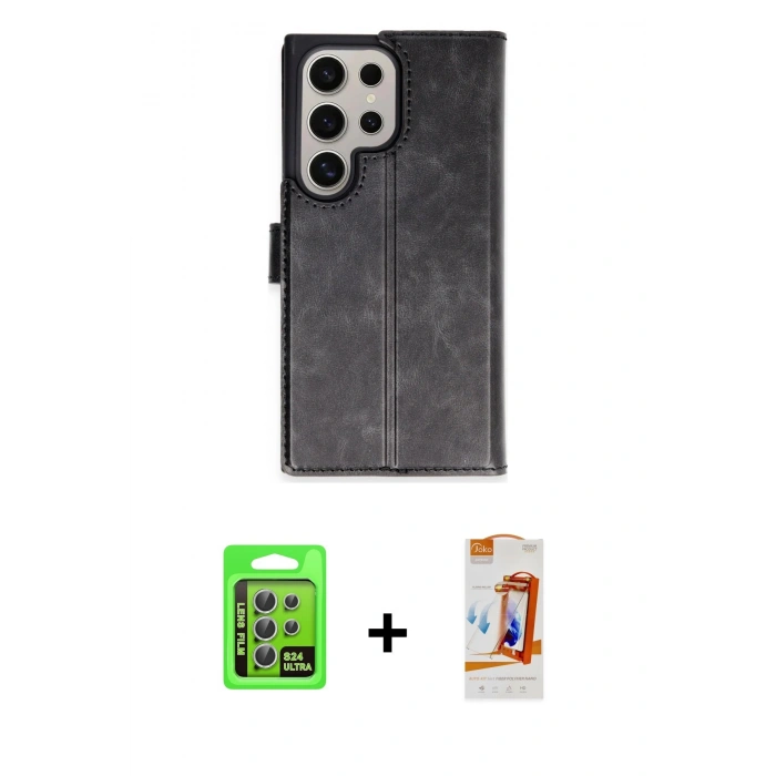 MARSİLYAN™- Galaxy S24 Ultra Kılıf Siluet Işık Serisi - Siyah AutoKit 5in1 Fiber Polymer Nano Ekran Koruyucu + Raze Metal Kamera Lens - GS