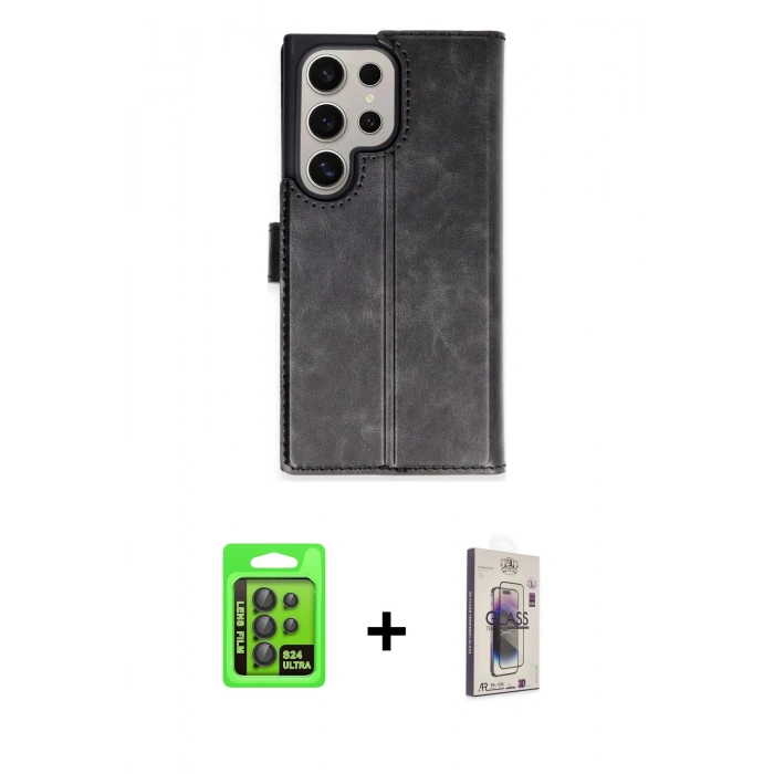 MARSİLYAN™- Galaxy S24 Ultra Kılıf Siluet Işık Serisi - Siyah Bilvis 3D Cam Ekran Koruyucu + Raze Metal Kamera Lens - SH