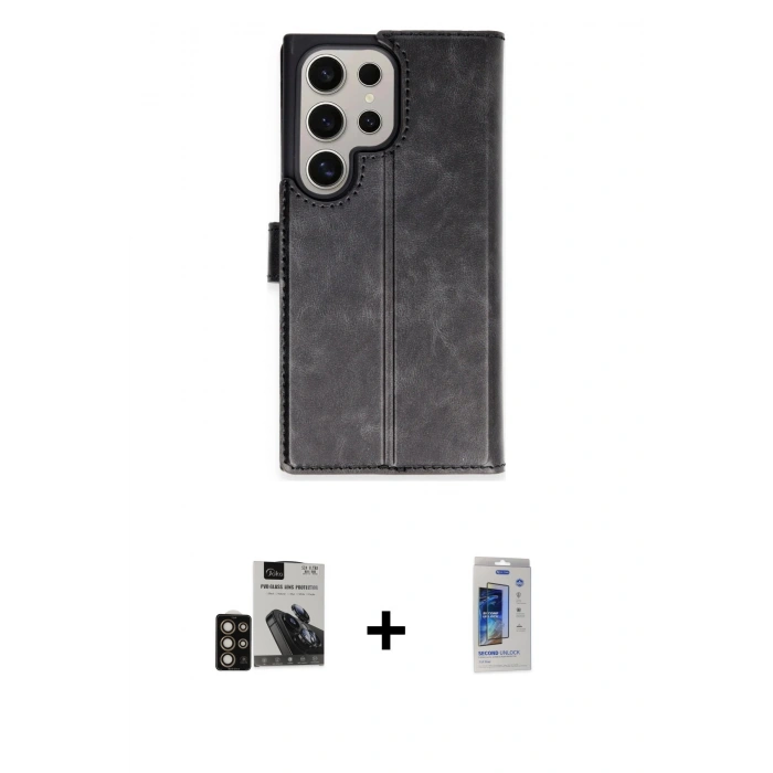MARSİLYAN™- Galaxy S24 Ultra Kılıf Siluet Işık Serisi - Siyah Durable Full Glue Curved Cam + Gold PVD Metal Kamera Lens