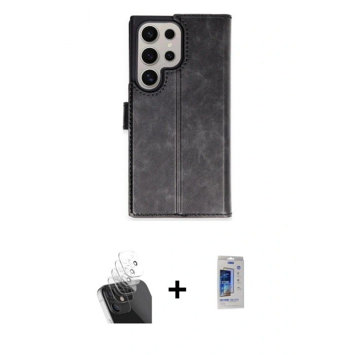 MARSİLYAN™- Galaxy S24 Ultra Kılıf Siluet Işık Serisi - Siyah Durable Full Glue Curved Cam + Kamera Lens Koruma Cam - SF
