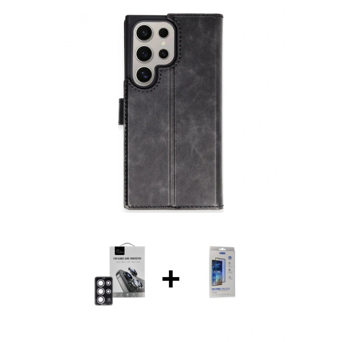 MARSİLYAN™- Galaxy S24 Ultra Kılıf Siluet Işık Serisi - Siyah Durable Full Glue Curved Cam + PVD Metal Kamera Lens - PE