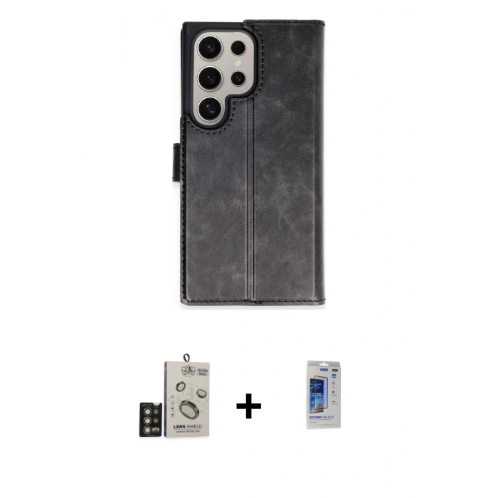 MARSİLYAN™- Galaxy S24 Ultra Kılıf Siluet Işık Serisi - Siyah Durable Full Glue Curved Hayalet Cam + Bilvis Titan Kamera Lens - GD
