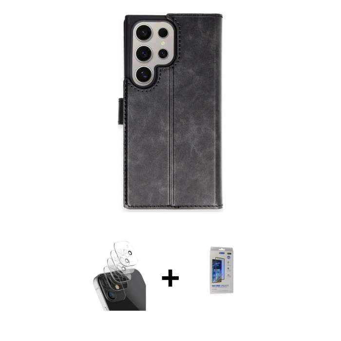 MARSİLYAN™- Galaxy S24 Ultra Kılıf Siluet Işık Serisi - Siyah Durable Full Glue Curved Hayalet Cam + Kamera Lens Koruma Cam - SF