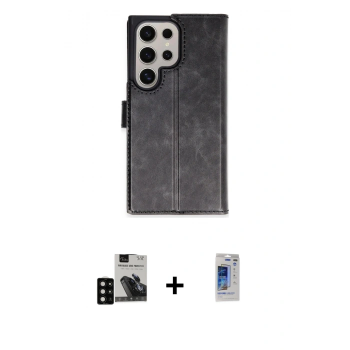 MARSİLYAN™- Galaxy S24 Ultra Kılıf Siluet Işık Serisi - Siyah Durable Full Glue Curved Hayalet Cam + PVD Metal Kamera Lens - SH
