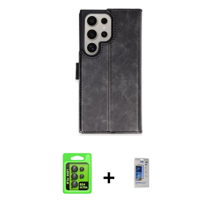 MARSİLYAN™- Galaxy S24 Ultra Kılıf Siluet Işık Serisi - Siyah Durable Full Glue Curved Hayalet Cam + Raze Metal Kamera Lens - SH