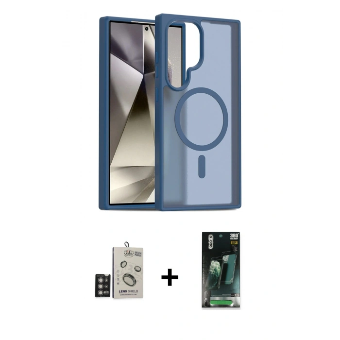MARSİLYAN™- Galaxy S24 Ultra Kılıf Siluet Minimal Prime - Şeffaf 360 Full Body Arka Koruyucu + Derin Mor Bilvis Titan Kamera Lens