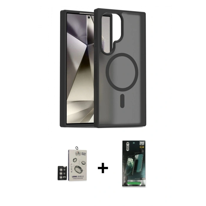 MARSİLYAN™- Galaxy S24 Ultra Kılıf Siluet Minimal Prime - Şeffaf 360 Full Body Arka Koruyucu + Derin Mor Bilvis Titan Kamera Lens