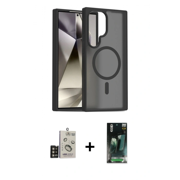 MARSİLYAN™- Galaxy S24 Ultra Kılıf Siluet Minimal Prime - Siyah 360 Mat Full Body Arka Koruyucu + Bilvis Titan Kamera Lens - GD