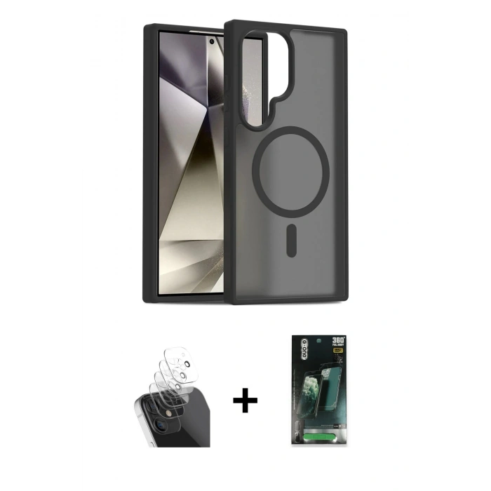 MARSİLYAN™- Galaxy S24 Ultra Kılıf Siluet Minimal Prime - Siyah 360 Mat Full Body Arka Koruyucu + Kamera Lens Koruma Cam - SF