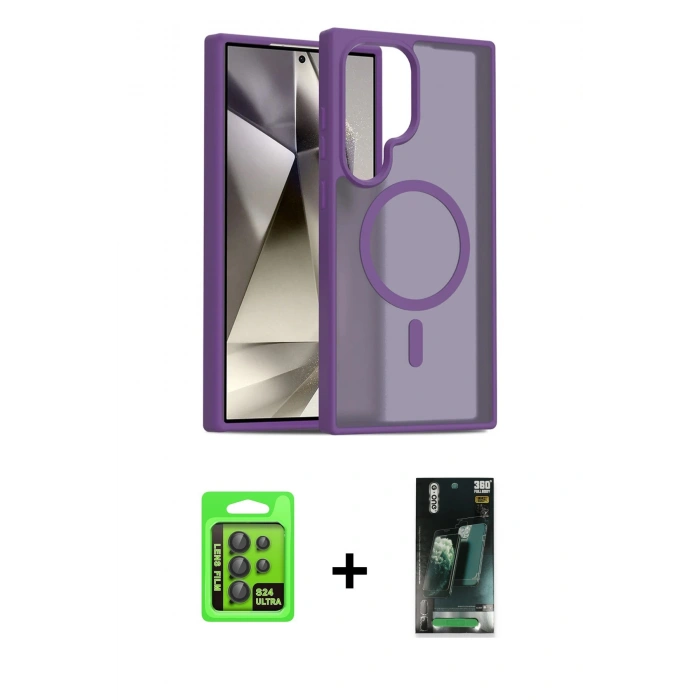 MARSİLYAN™- Galaxy S24 Ultra Kılıf Siluet Minimal Prime - Siyah 360 Mat Full Body Arka Koruyucu + Raze Metal Kamera Lens - SH