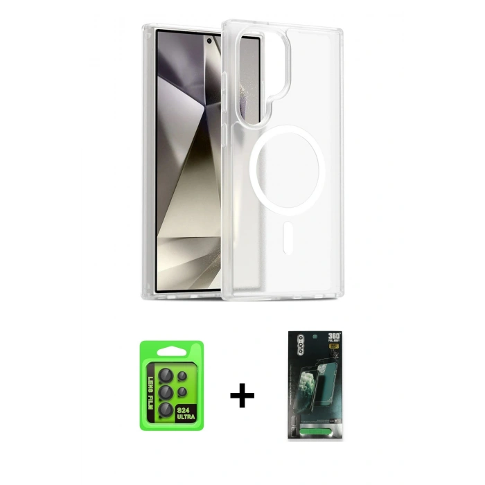 MARSİLYAN™- Galaxy S24 Ultra Kılıf Siluet Minimal Prime - Siyah 360 Mat Full Body Arka Koruyucu + Raze Metal Kamera Lens - SH