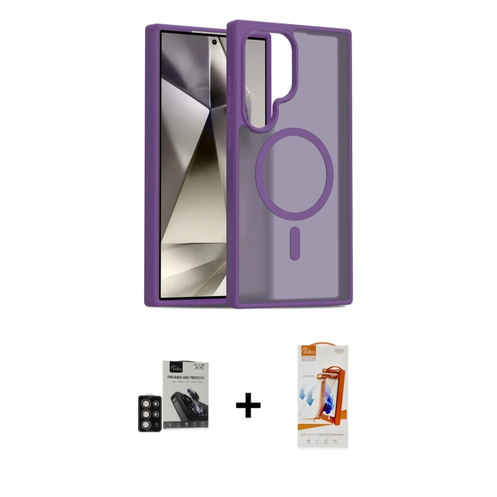 MARSİLYAN™- Galaxy S24 Ultra Kılıf Siluet Minimal Prime - Siyah AutoKit 5in1 Fiber Polymer Nano Ekran Koruyucu + PVD Metal Kamera Lens - DNMR