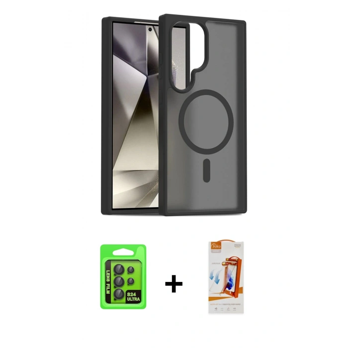 MARSİLYAN™- Galaxy S24 Ultra Kılıf Siluet Minimal Prime - Siyah AutoKit 5in1 Fiber Polymer Nano Ekran Koruyucu + Raze Metal Kamera Lens - SH