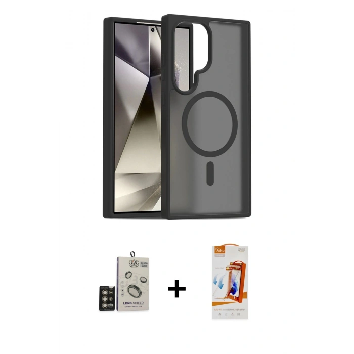 MARSİLYAN™- Galaxy S24 Ultra Kılıf Siluet Minimal Prime - Siyah AutoKit 5in1 Fiber Polymer Nano Ekran Koruyucu + Bilvis Titan Kamera Lens - GD