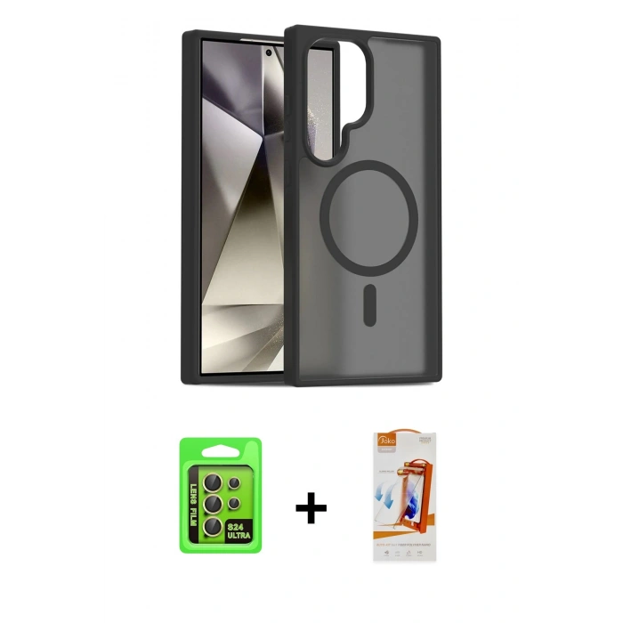 MARSİLYAN™- Galaxy S24 Ultra Kılıf Siluet Minimal Prime - Siyah AutoKit 5in1 Fiber Polymer Nano Ekran Koruyucu + Raze Metal Kamera Lens - SI
