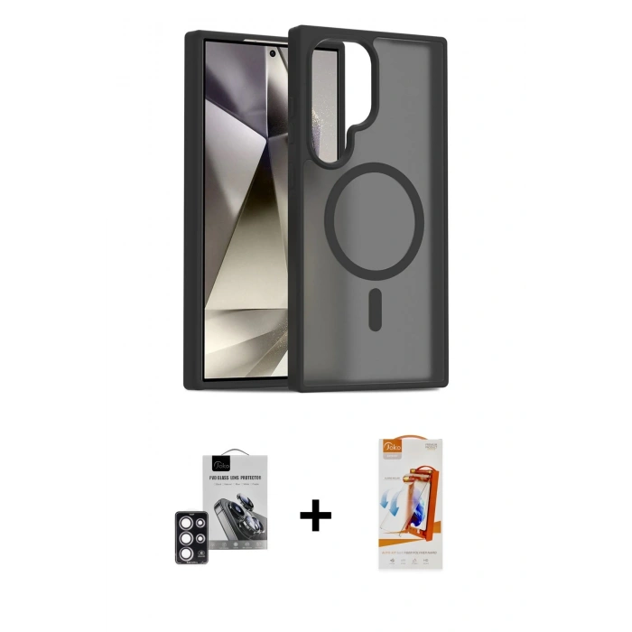 MARSİLYAN™- Galaxy S24 Ultra Kılıf Siluet Minimal Prime - Siyah AutoKit 5in1 Fiber Polymer Nano Ekran Koruyucu + PVD Metal Kamera Lens - PE