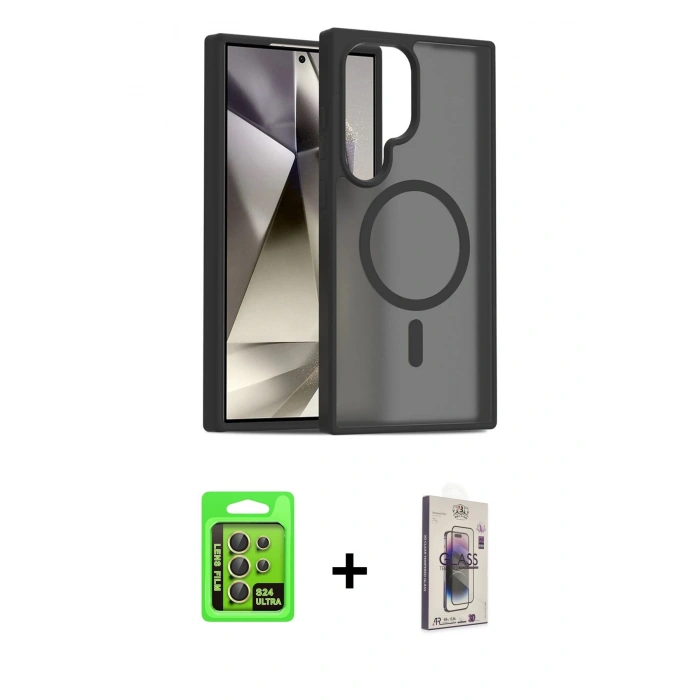 MARSİLYAN™- Galaxy S24 Ultra Kılıf Siluet Minimal Prime - Siyah Bilvis 3D Cam Ekran Koruyucu + Raze Metal Kamera Lens - SI