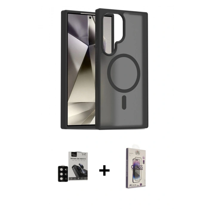 MARSİLYAN™- Galaxy S24 Ultra Kılıf Siluet Minimal Prime - Siyah Bilvis 3D Cam Ekran Koruyucu + PVD Metal Kamera Lens - SH