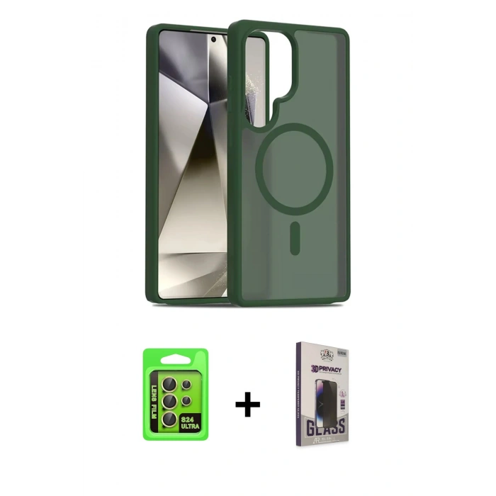 MARSİLYAN™- Galaxy S24 Ultra Kılıf Siluet Minimal Prime - Siyah Bilvis Hayalet Cam Ekran Koruyucu + Raze Metal Kamera Lens - SI