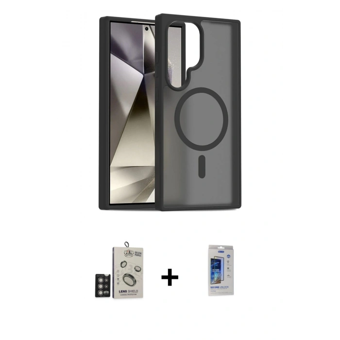 MARSİLYAN™- Galaxy S24 Ultra Kılıf Siluet Minimal Prime - Siyah Durable Full Glue Curved Cam + Bilvis Titan Kamera Lens - DNMR
